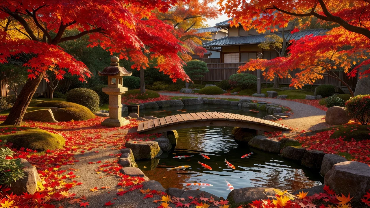 紅葉の池のある庭