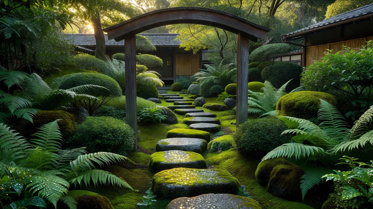 苔と飛び石の小道
